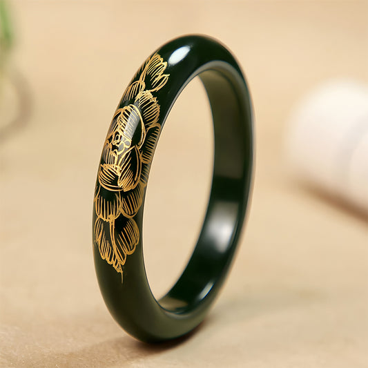 Natural Hetian Jade Hand Carved Dark Green Jade Bracelet