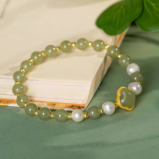 Natural Hetian Jade Pearl Four-Leaf Clover Green Jade Bracelet（Bead width 5.8mm）
