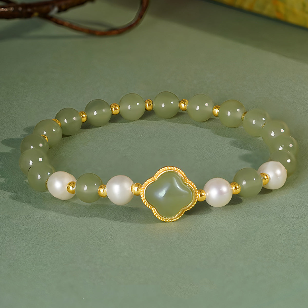 Natural Hetian Jade Pearl Four-Leaf Clover Green Jade Bracelet（Bead width 5.8mm）