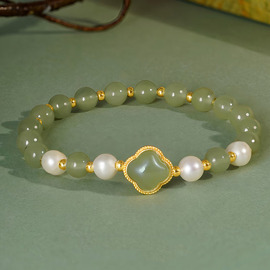 Natural Hetian Jade Pearl Four-Leaf Clover Green Jade Bracelet（Bead width 5.8mm）