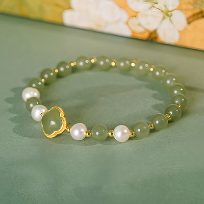 Natural Hetian Jade Pearl Four-Leaf Clover Green Jade Bracelet（Bead width 5.8mm）