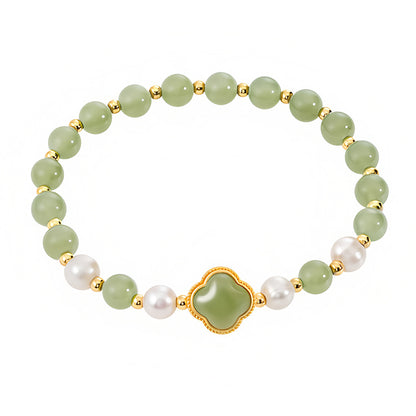 Natural Hetian Jade Pearl Four-Leaf Clover Green Jade Bracelet（Bead width 5.8mm）