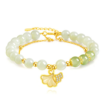 S925 Silver Natural Hetian Jade Apricot Leaf Double Bracelet