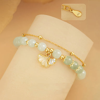 S925 Silver Natural Hetian Jade Apricot Leaf Double Bracelet