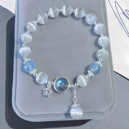 S925 Silver Sapphire Good Luck Jade Beaded Bracelet（elastic cord）