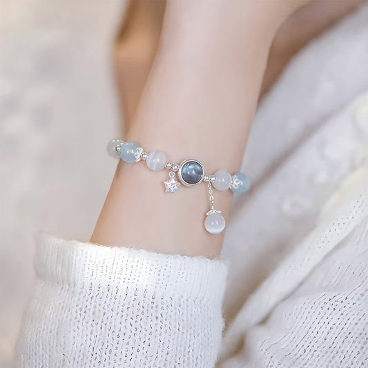 S925 Silver Sapphire Good Luck Jade Beaded Bracelet（elastic cord）