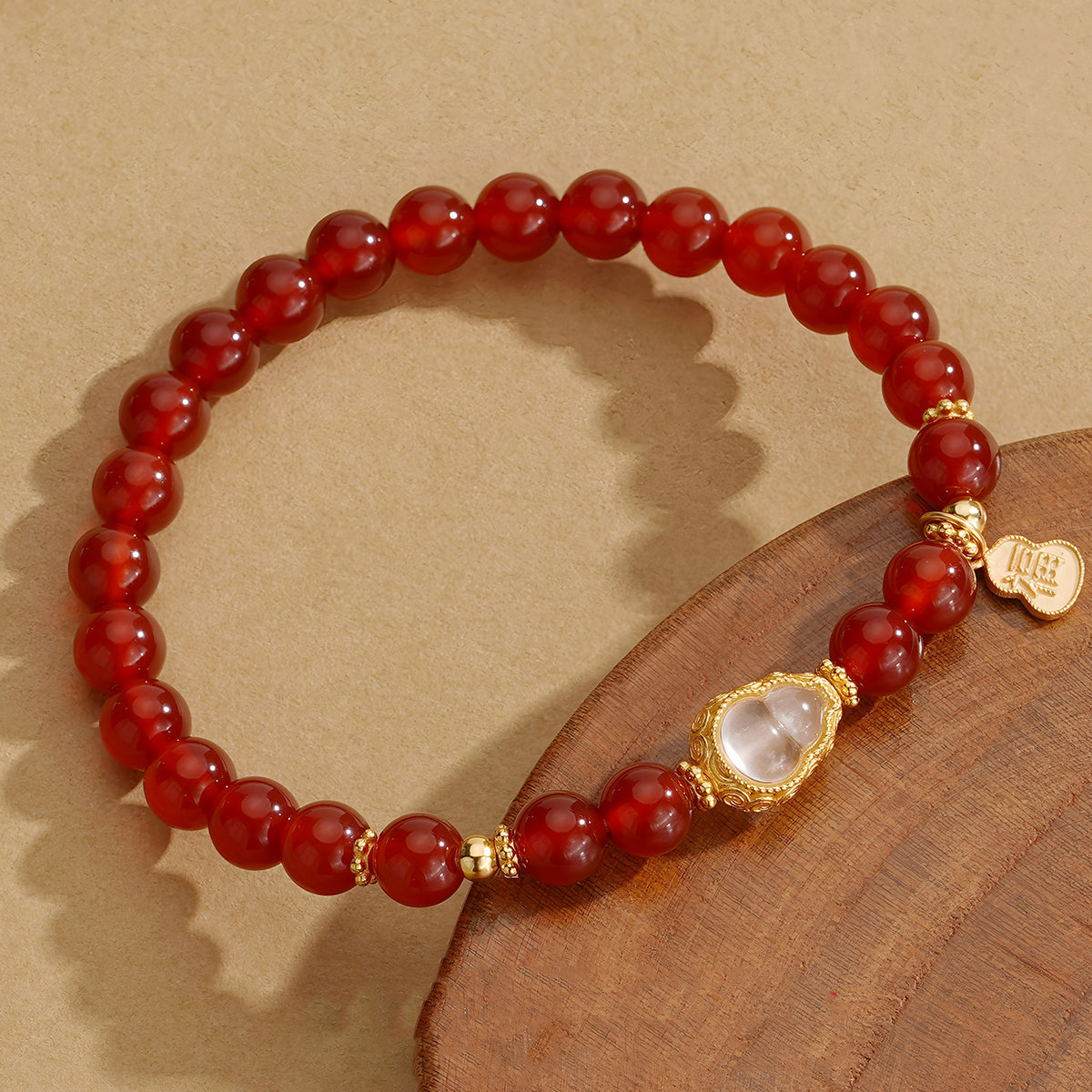 Natural Red Agate White Gourd Jade Beaded Bracelet（Bead width 6.5mm）