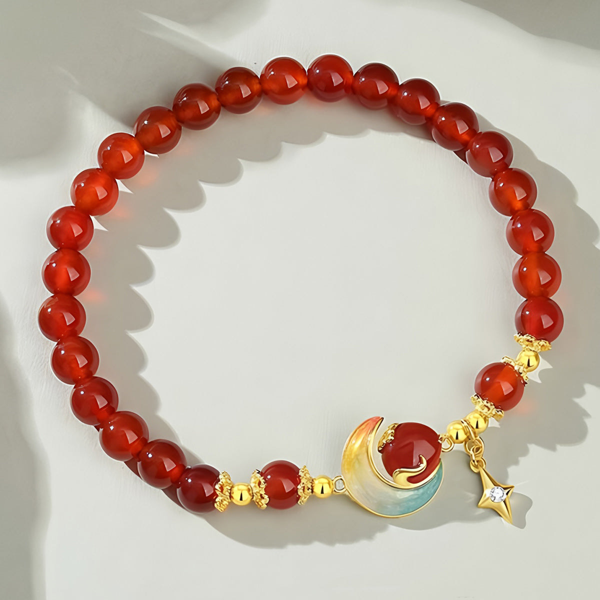 S925 Silver Red Agate Star Moon Jade Beaded Bracelet（elastic cord）