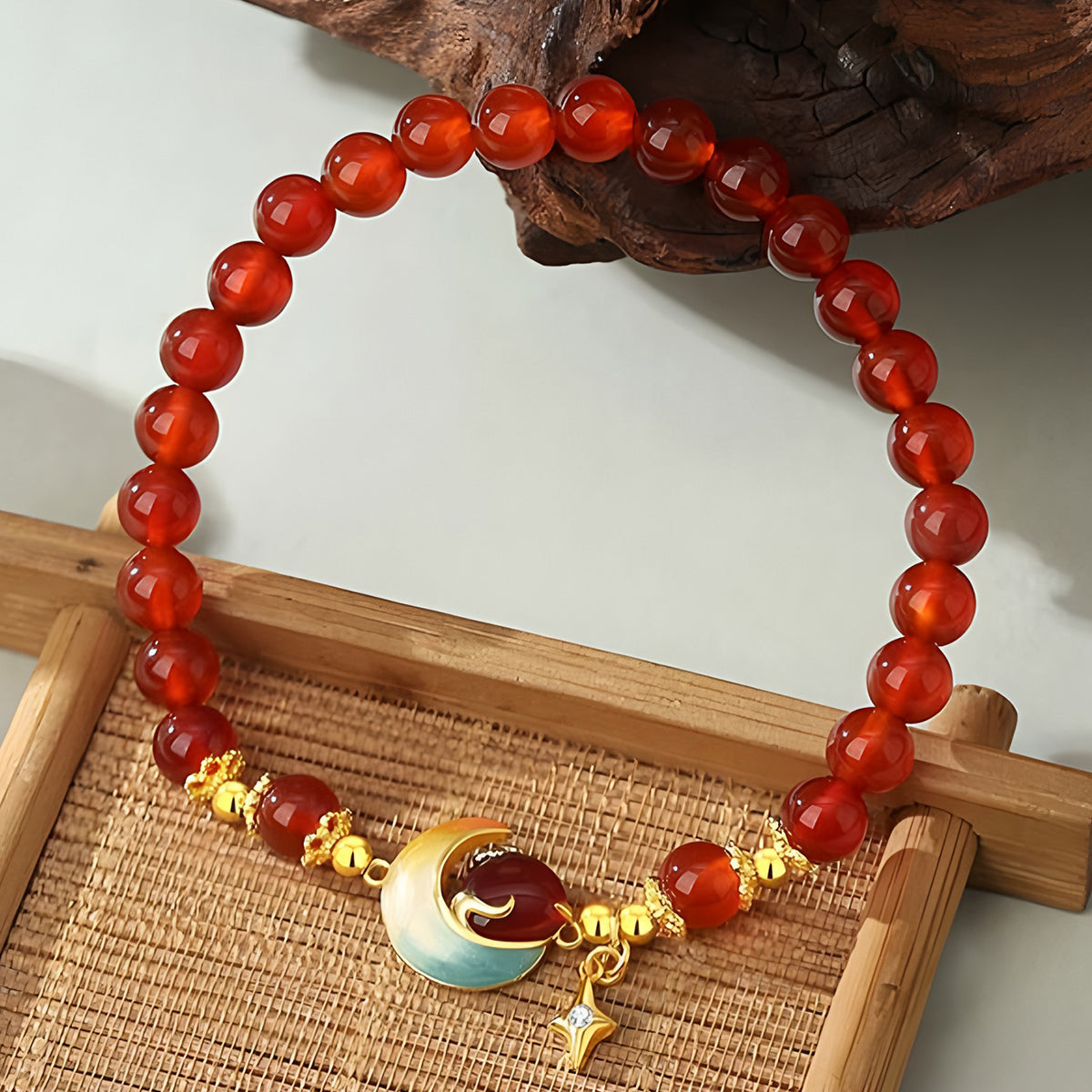 S925 Silver Red Agate Star Moon Jade Beaded Bracelet（elastic cord）