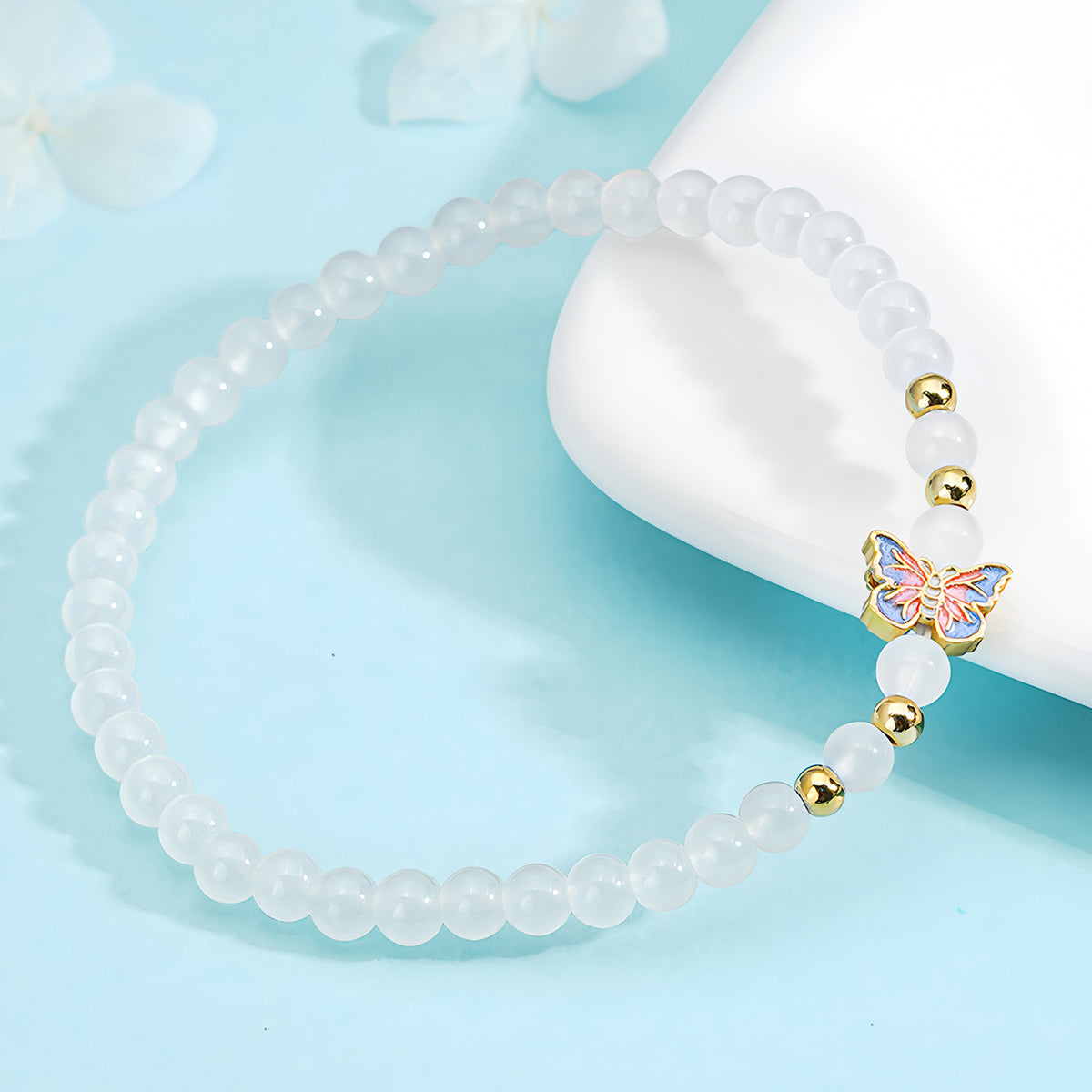 Elegant Butterfly White Jade Beaded Bracelet（Bead width 4.3mm）