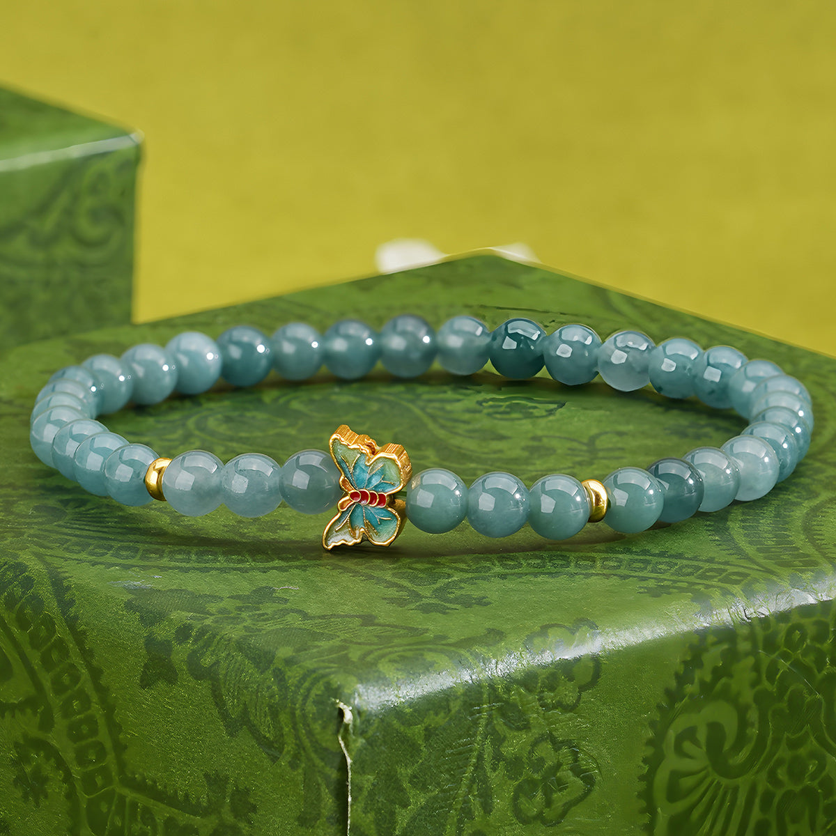 Natural Blue Water Jadeite Butterfly Jade Beaded Bracelet（Bead width 4.8mm）