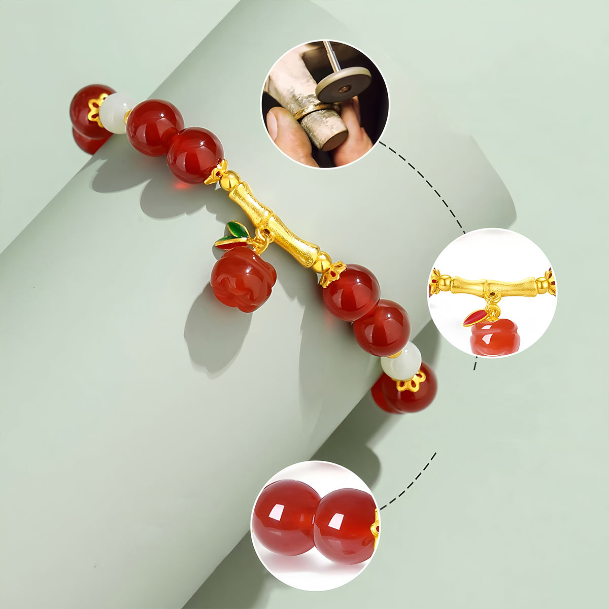 S925 Silver Red Agate Ruyi Bamboo Jade Beaded Bracelet（elastic cord）