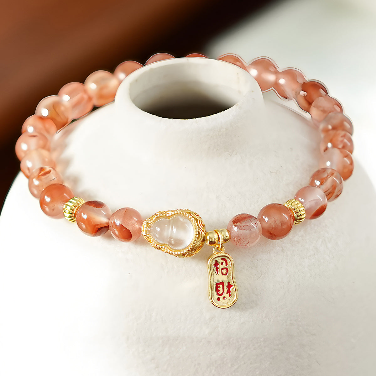 Natural Floating Flower Agate Gourd Jade Beaded Bracelet（Bead width 6mm）