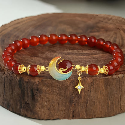 S925 Silver Red Agate Star Moon Jade Beaded Bracelet（elastic cord）