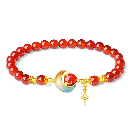 S925 Silver Red Agate Star Moon Jade Beaded Bracelet（elastic cord）