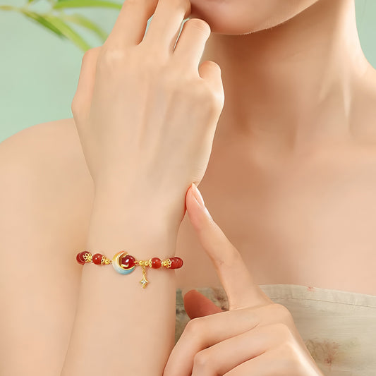 S925 Silver Red Agate Star Moon Jade Beaded Bracelet（elastic cord）