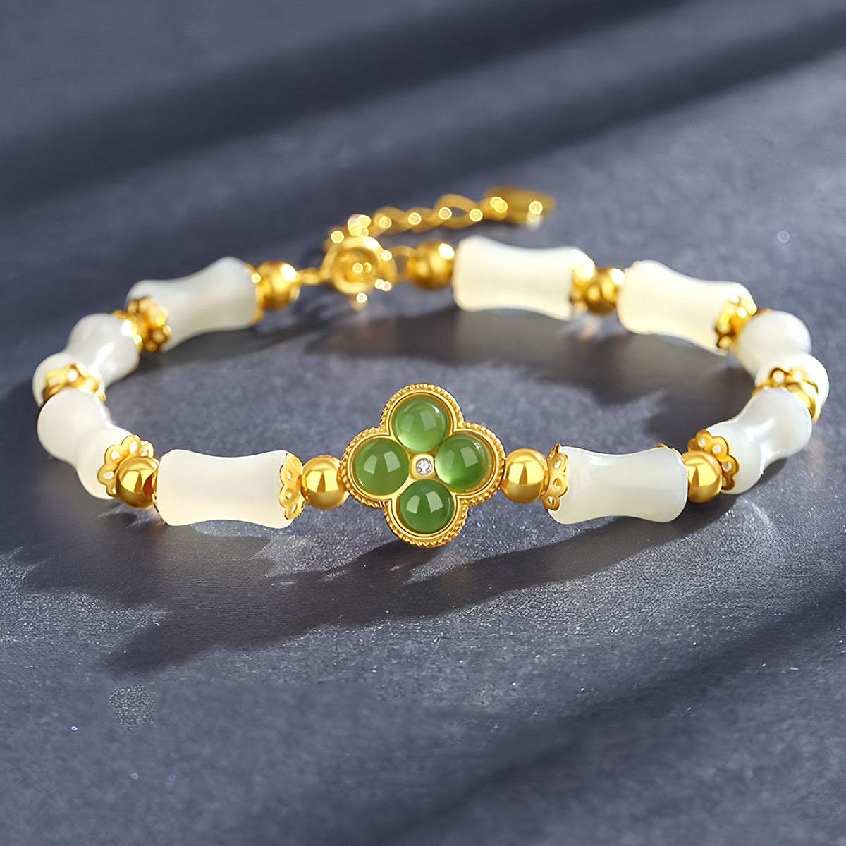 S925 Silver Four-Leaf Clover Hetian Jade Bracelet（16cm+3.5cm）