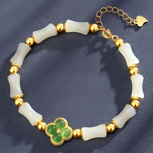 S925 Silver Four-Leaf Clover Hetian Jade Bracelet（16cm+3.5cm）