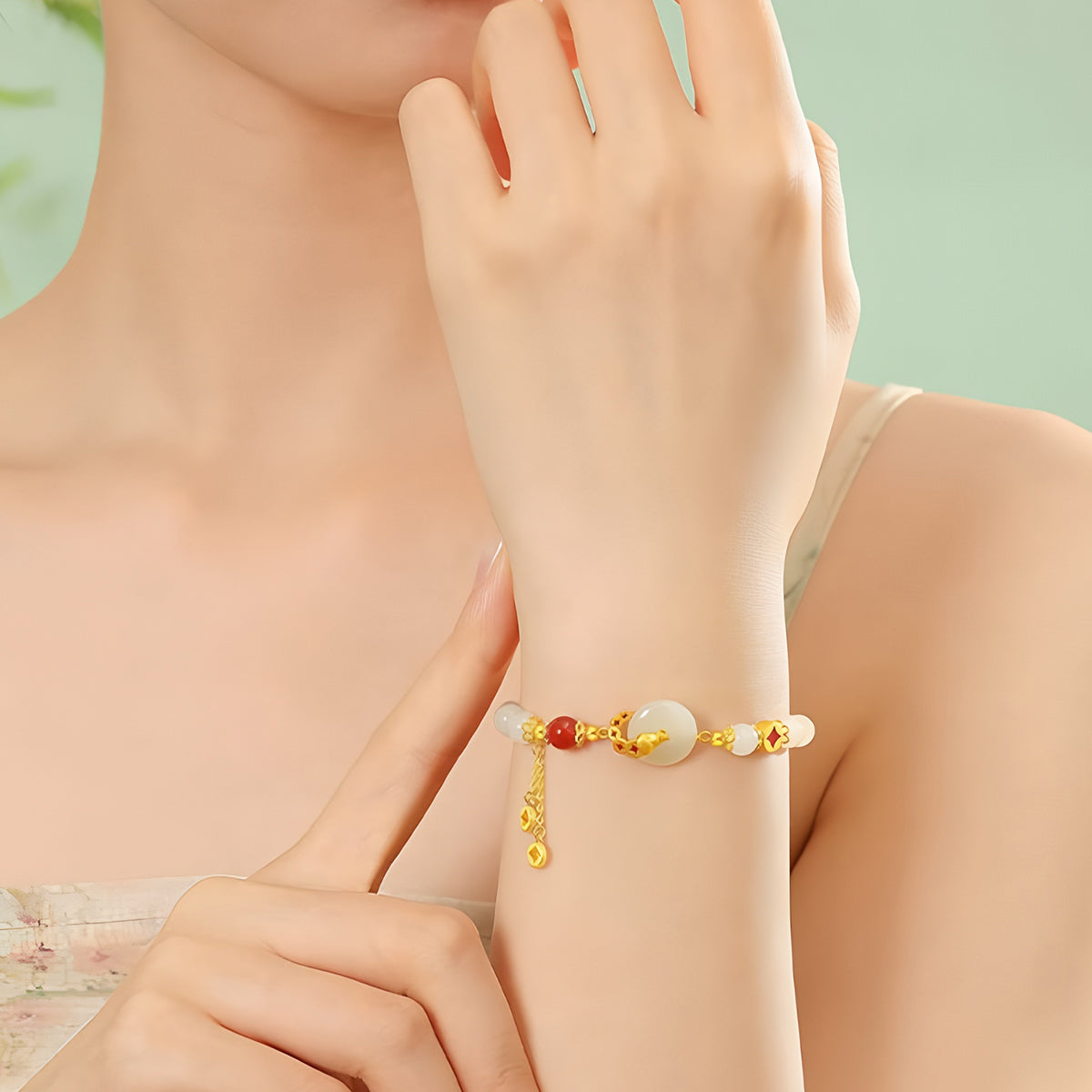 S925 Silver Hetian Jade Peace Buckle Jade Bracelet（elastic cord）