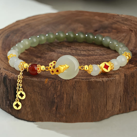 S925 Silver Hetian Jade Peace Buckle Jade Bracelet（elastic cord）