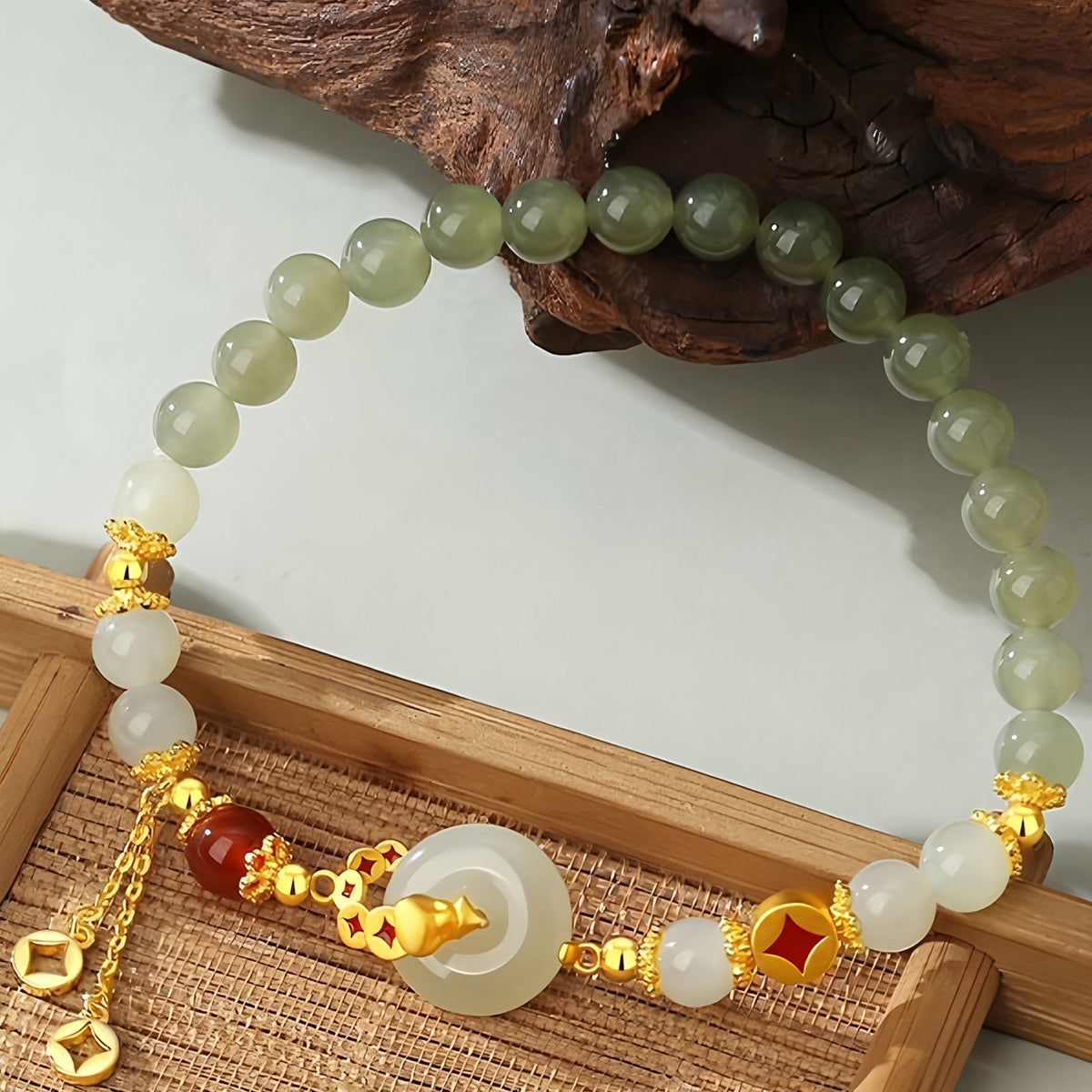 S925 Silver Hetian Jade Peace Buckle Jade Bracelet（elastic cord）
