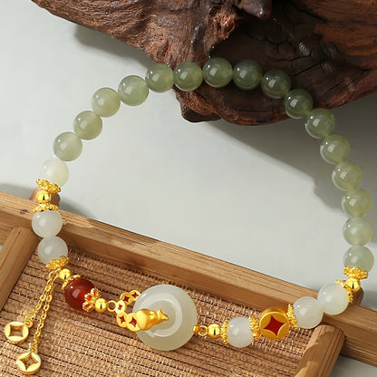 S925 Silver Hetian Jade Peace Buckle Jade Bracelet（elastic cord）