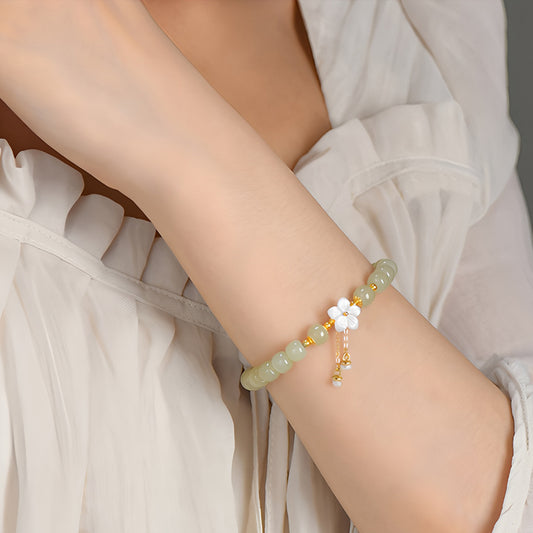 Natural Jade Flower Light Green Jade Bead Bracelet（Bead width 8mm）