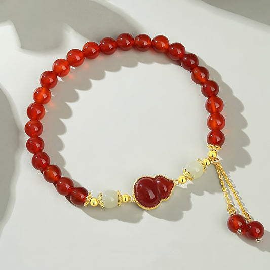 S925 Silver Red Agate Gourd Red Jade Beaded Bracelet（elastic cord）