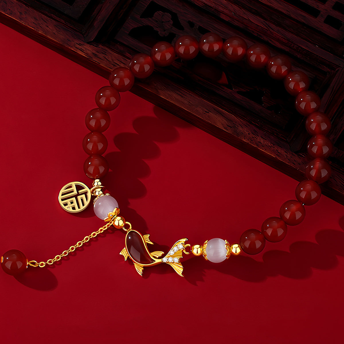 Natural Agate Fish Red Jade Bracelet (Bead width 8mm)