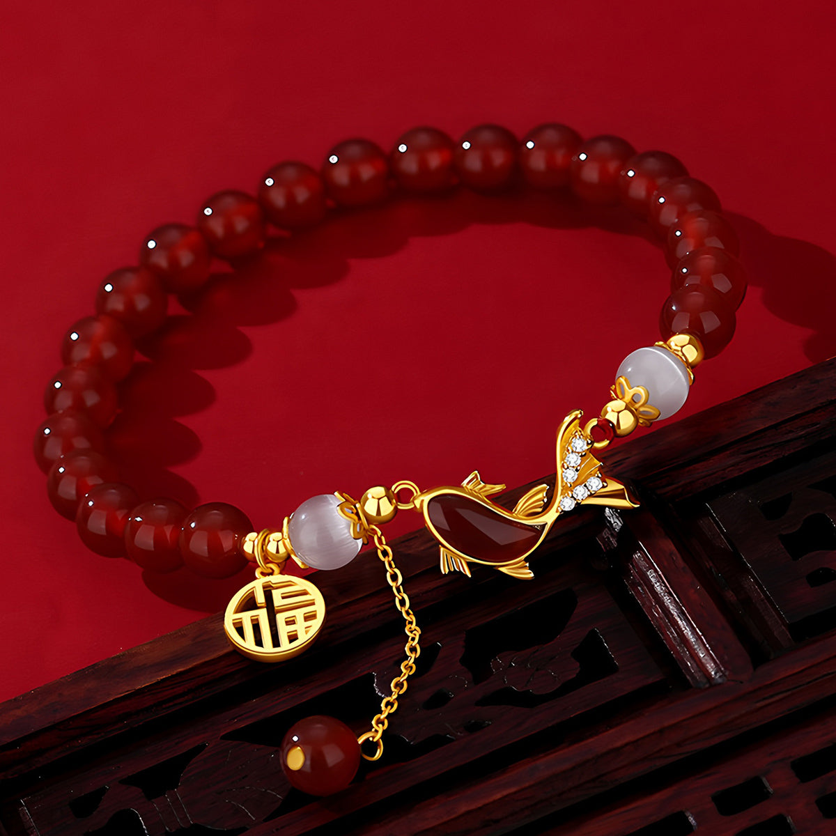 Natural Agate Fish Red Jade Bracelet (Bead width 8mm)