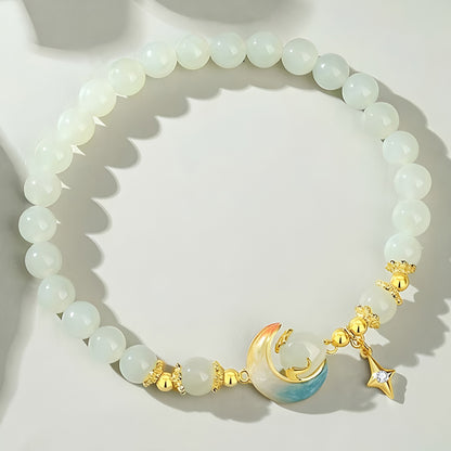 S925 silver and Hetian jade star and moon jade beaded bracelet（elastic cord）