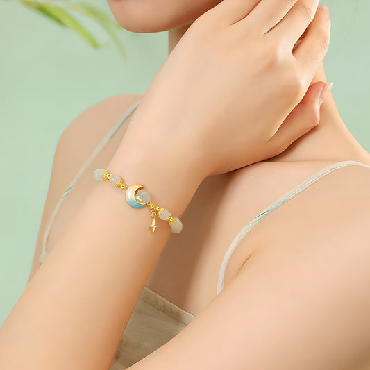 S925 silver and Hetian jade star and moon jade beaded bracelet（elastic cord）