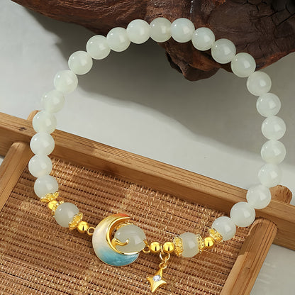 S925 silver and Hetian jade star and moon jade beaded bracelet（elastic cord）