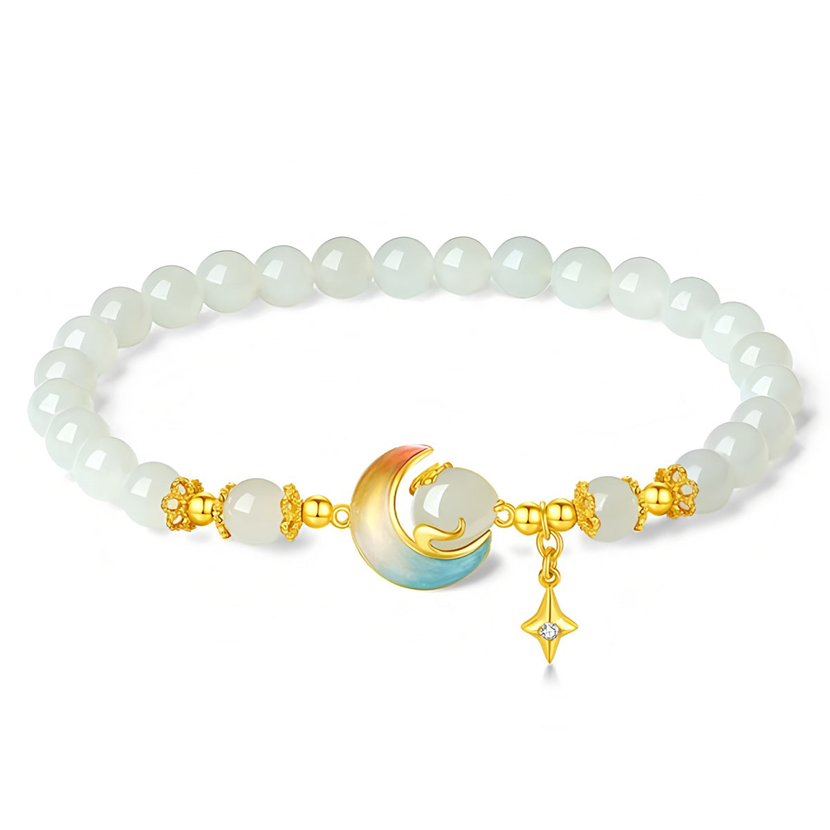 S925 silver and Hetian jade star and moon jade beaded bracelet（elastic cord）