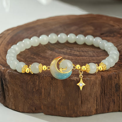 S925 silver and Hetian jade star and moon jade beaded bracelet（elastic cord）