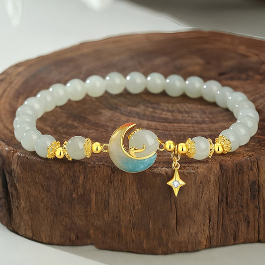 S925 silver and Hetian jade star and moon jade beaded bracelet（elastic cord）