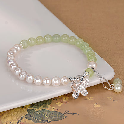 New Chinese style Hetian jade pearl butterfly jade bracelet（Bead width 6mm）