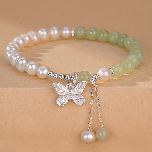 New Chinese style Hetian jade pearl butterfly jade bracelet（Bead width 6mm）