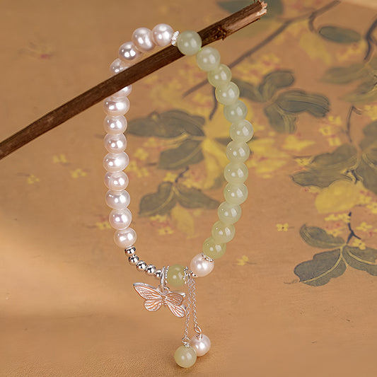 New Chinese style Hetian jade pearl butterfly jade bracelet（Bead width 6mm）