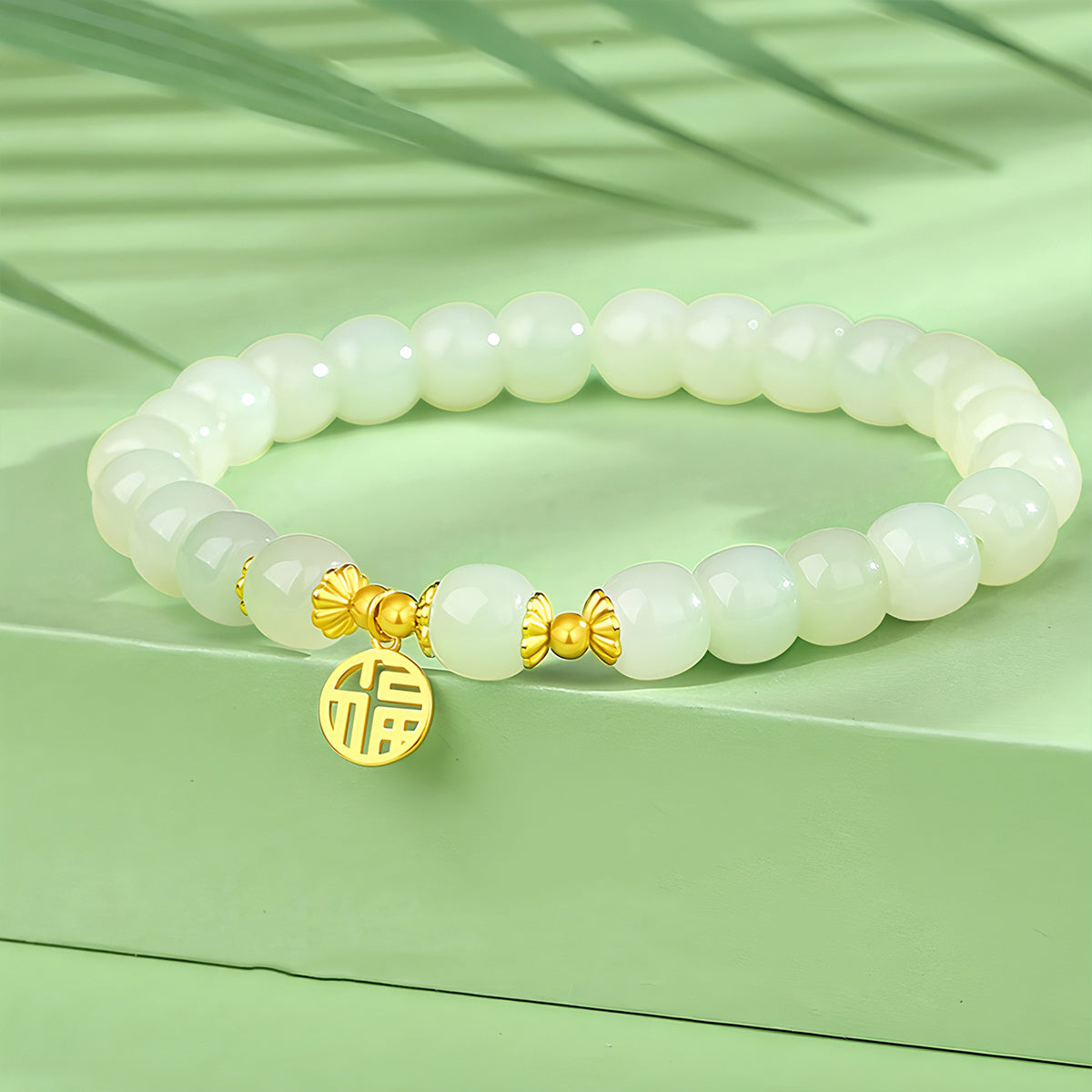 Natural Hetian jade blessing brand green jade bead bracelet（ Bead Width 8mm ）