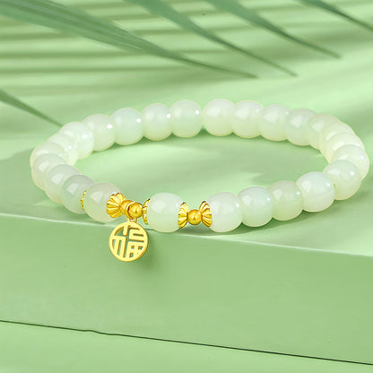 Natural Hetian jade blessing brand green jade bead bracelet（ Bead Width 8mm ）