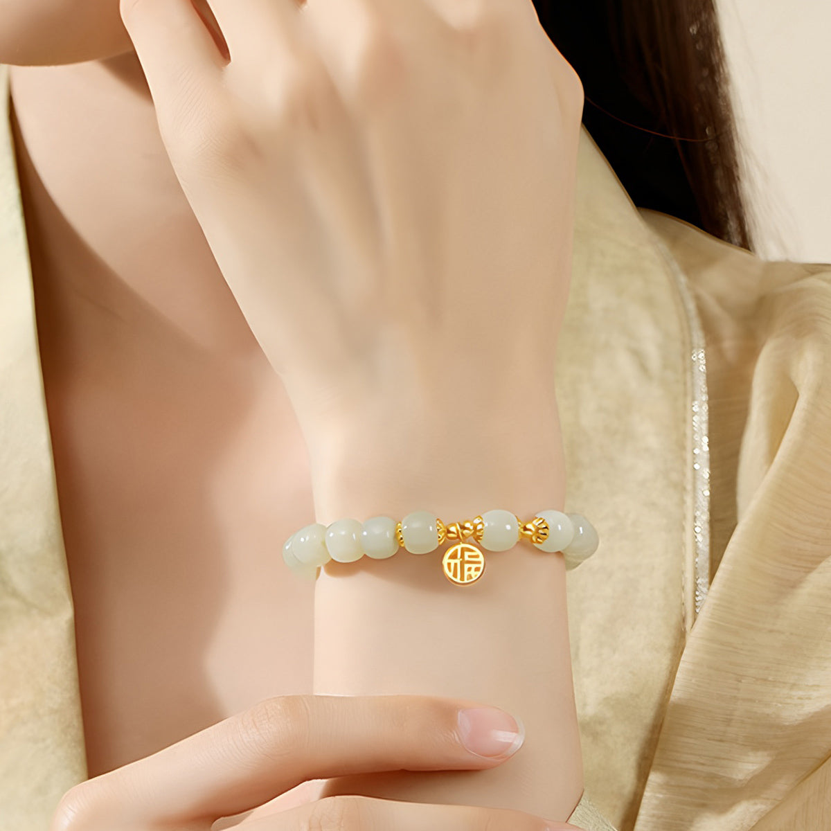 Natural Hetian jade blessing brand green jade bead bracelet（ Bead Width 8mm ）