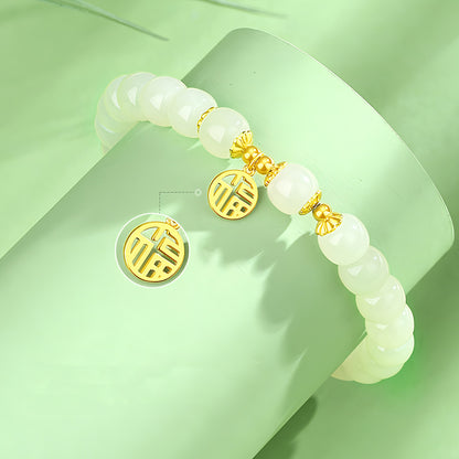 Natural Hetian jade blessing brand green jade bead bracelet（ Bead Width 8mm ）