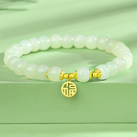 Natural Hetian jade blessing brand green jade bead bracelet（ Bead Width 8mm ）