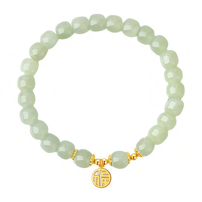 Natural Hetian jade blessing brand green jade bead bracelet（ Bead Width 8mm ）