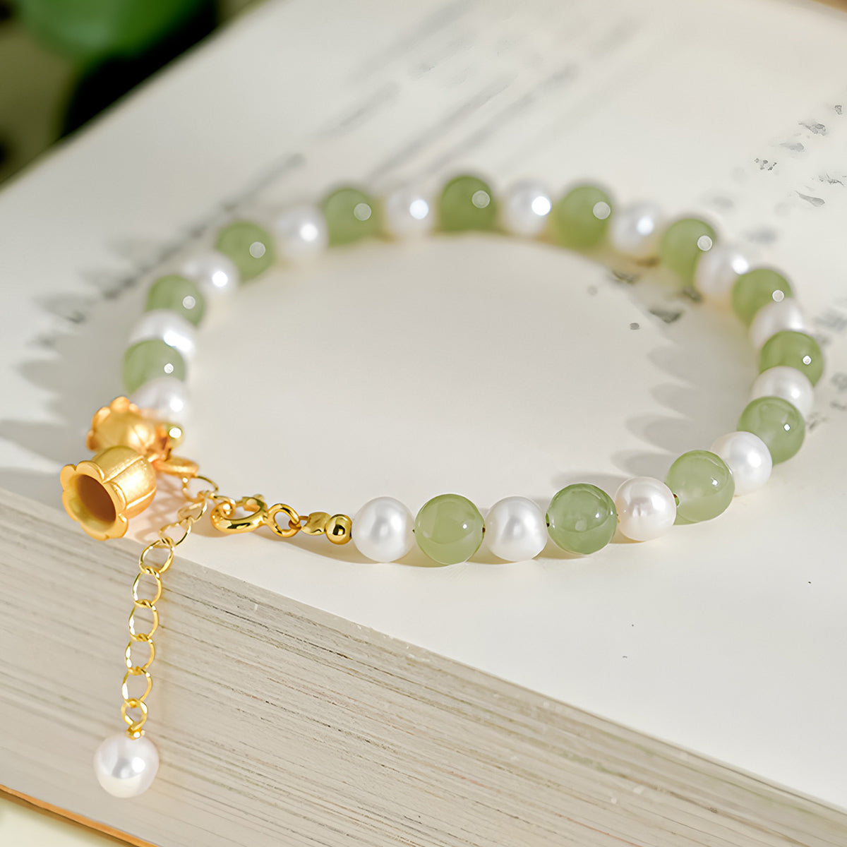 S925 silver and Hetian jade pearl lily of the valley jade bracelet（16cm+4cm）