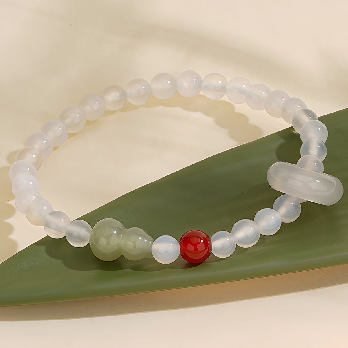 Natural chalcedony peace buckle white jade bracelet（Bead width 8mm）