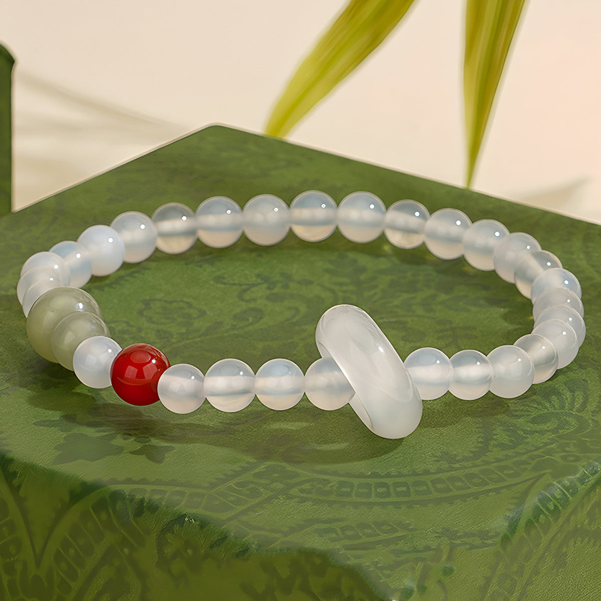 Natural chalcedony peace buckle white jade bracelet（Bead width 8mm）