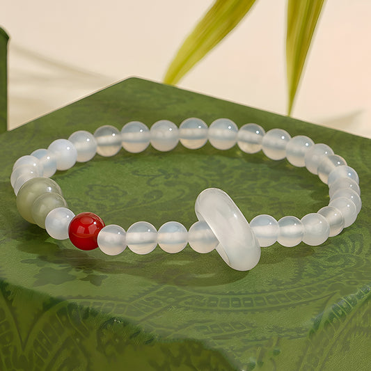 Natural chalcedony peace buckle white jade bracelet（Bead width 8mm）